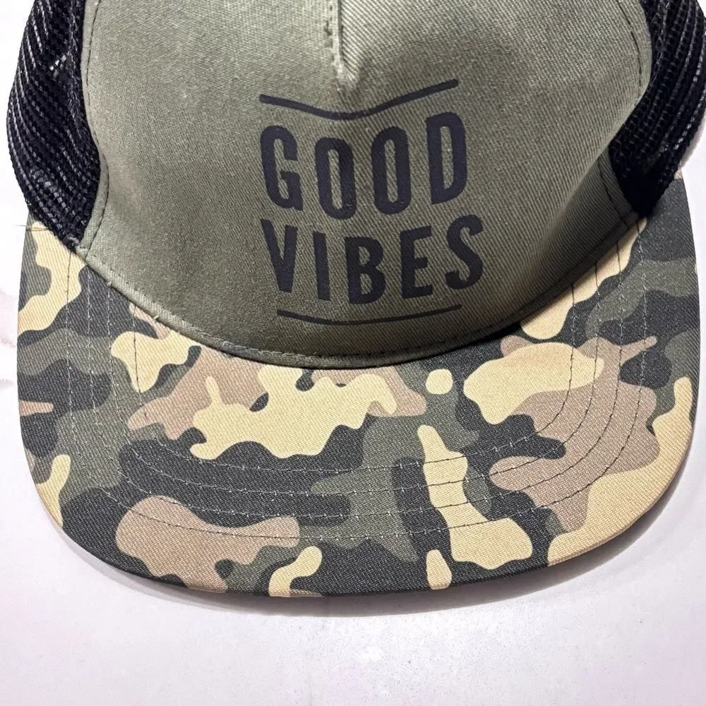 Unisex Green & Black Camo “Good Vibes” Snapback Hat – Kids Size